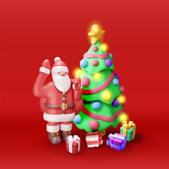 3D santa claus with gift bag and christmas tree. Render happy new year decoration. Merry christmas Holiday. New year and xmas celebration. Realistic vector illustration
