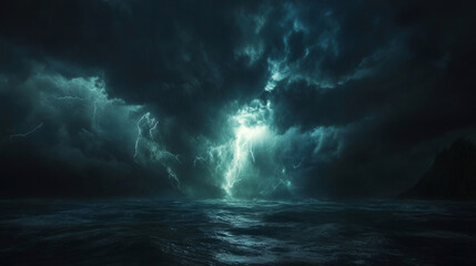 Obraz premium Dramatic thunderstorm over the ocean at night with lightning strikes
