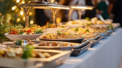 Elegant catering service setup with neatly arranged dishes, decorative elements, and ambient lighting, representing professionalism and sophistication in event planning.