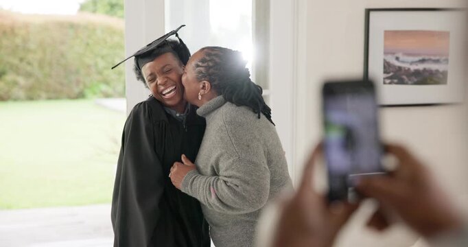 Graduation, mother or picture for graduate success, hug or achievement memory photograph. Kiss, happy student or proud African mom excited to post on social media for goals in a black family home