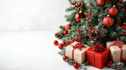 Christmas Tree with red decorations and gifts. Holiday concept on White background with copy-space.