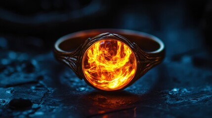 Fiery ring glowing with mystical energy, set against a dark background, capturing a sense of fantasy and magical power.