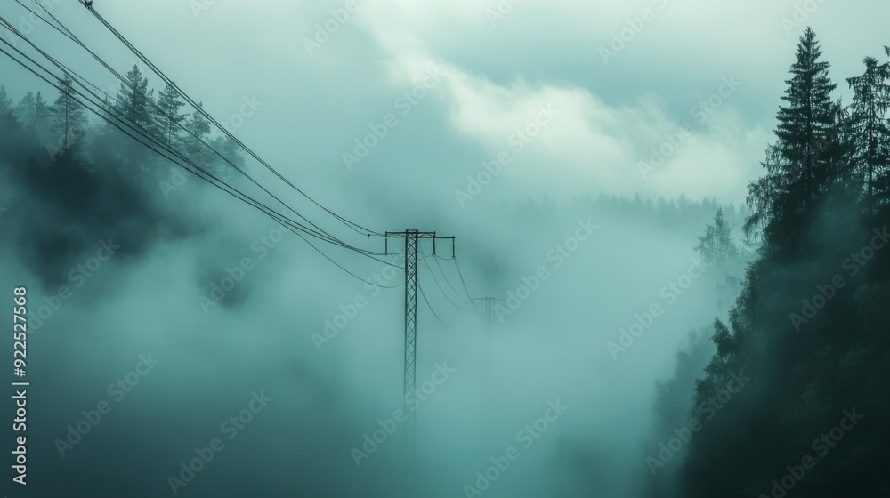 Poster Power lines cutting through a dense fog, with the wires barely visible as they fade into the mist, creating a mysterious and almost ethereal landscape.