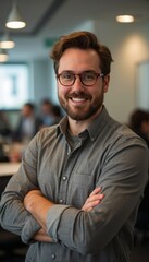 Fototapeta premium Smiling Professional Man Wearing Glasses in Modern Office Setting