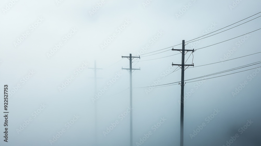 Fototapete Power lines cutting through a dense fog, with the wires barely visible as they fade into the mist, creating a mysterious and almost ethereal landscape.