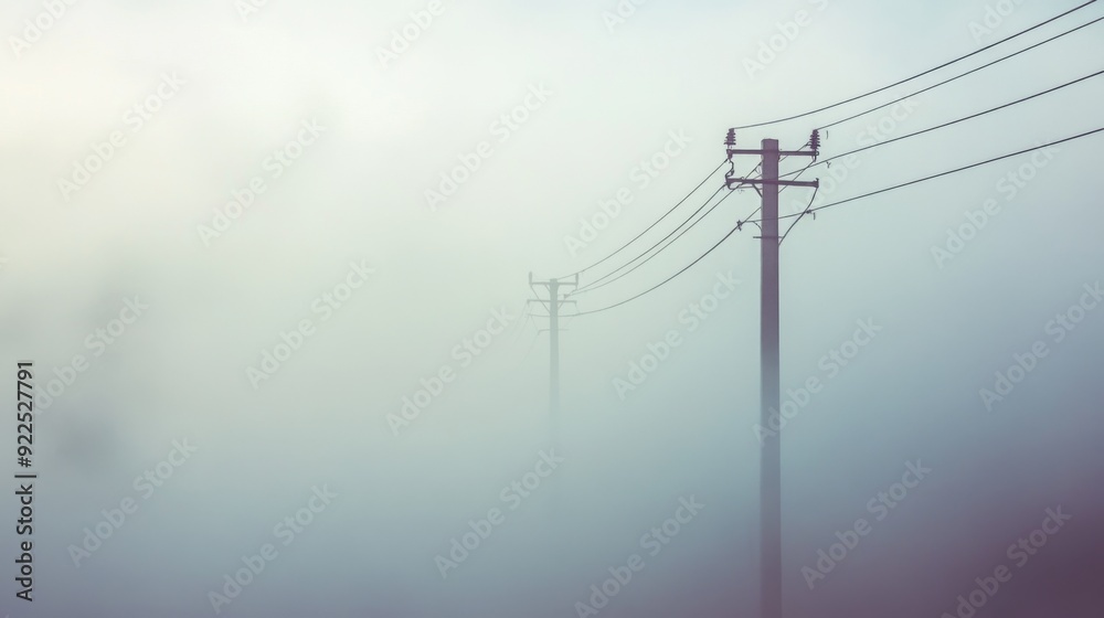 Poster Power lines cutting through a dense fog, with the wires barely visible as they fade into the mist, creating a mysterious and almost ethereal landscape.