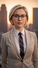Portrait of a young woman with a short haircut in a business suit against the backdrop of a modern city.
