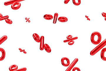 Vibrant, eye-catching seamless pattern featuring red glossy percentage symbols floating in dynamic arrangement against pure white background, ideal for financial, sales, or promotional graphics. 3D.