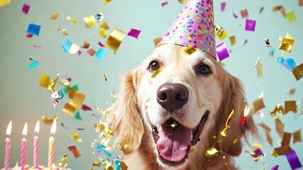 A joyful golden retriever wears a party hat, surrounded by colorful confetti and a birthday cake with candles, celebrating a special day.