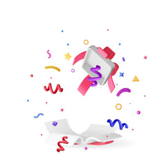 3D open gift box with falling confetti. Render present box surprise. Christmas. new year sale, shopping. Present box with bows ribbons. Giftbox for valentine, birthday and holiday. Vector illustration