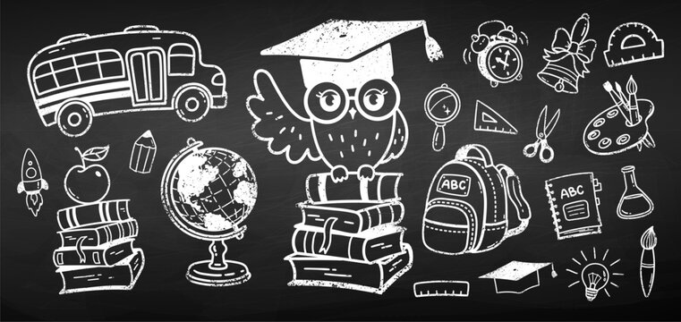 Vector cute chalk drawn illustration collection of back to school education symbols and objects on chalkboard background