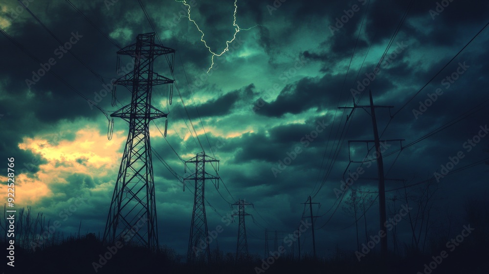 Wall mural Power lines silhouetted against a stormy sky, with dark clouds and a hint of lightning in the distance, creating a dramatic and tense atmosphere.