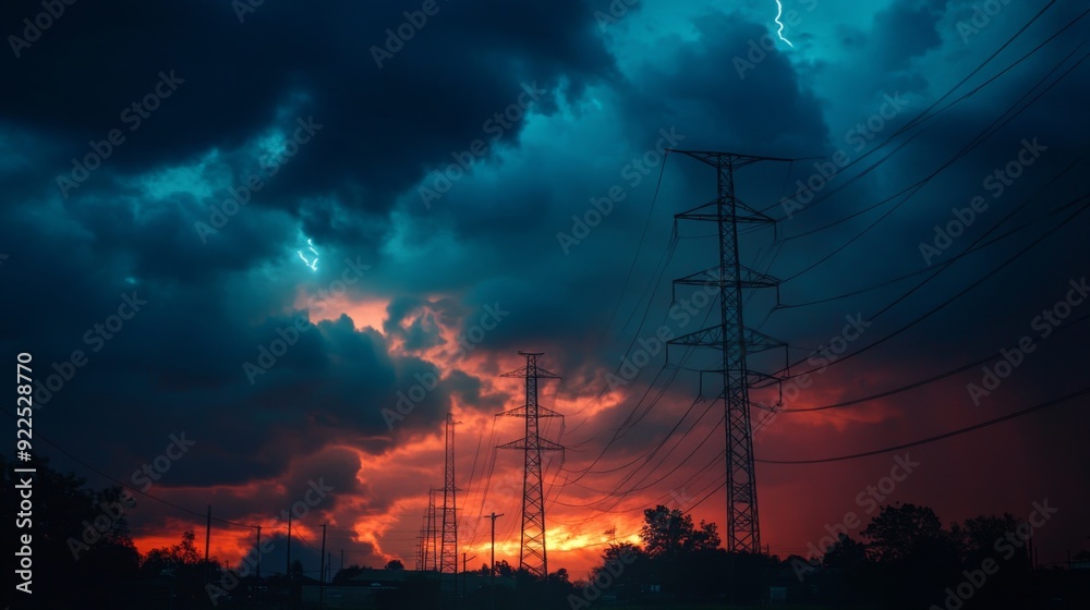 Aufkleber power lines silhouetted against a stormy sky, with dark clouds and a hint of lightning in the distan