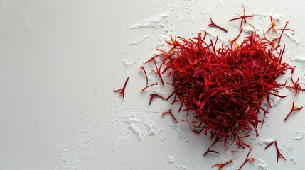 A cluster of red saffron threads arranged in a heart shape on a white background.
