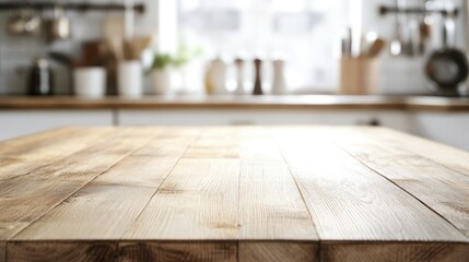 Light wooden tabletop with ample copy space, blurred kitchen utensils in the background, offering a clean, rustic setting.