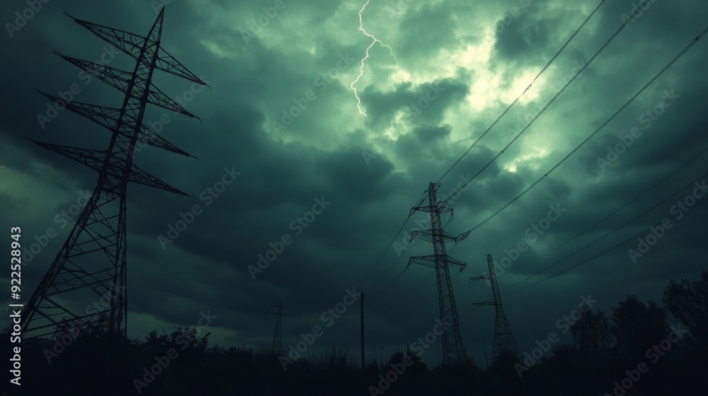 Poster power lines silhouetted against a stormy sky, with dark clouds and a hint of lightning in the distan