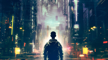 Abstract man tech standing in the city cyberpunk, Ai generate