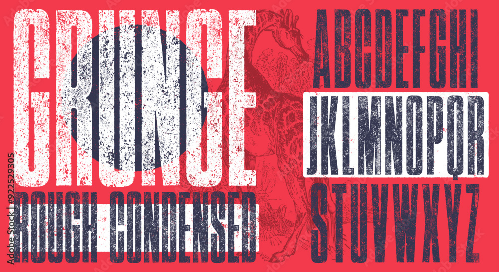 Fototapete rough letterpress texture ultra condensed font. highly detailed individually textured characters wit