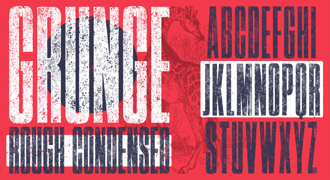 Rough Letterpress Texture Ultra Condensed Font. Highly detailed individually textured characters with a really rough, badly printed texture.