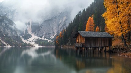 Fototapeta premium Cabin by the Lake in the Mountains