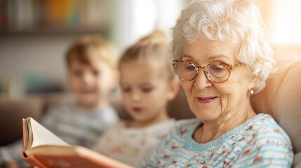 Fototapeta premium Close-up, elderly woman reading or telling stories to her grandchildren, showcasing family bonding.