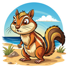 American Beach Chair with Humiliated Eastern Chipmunk Walking Beach - Vector Illustration, SVG & Cricut Files