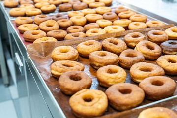 Donut production. The donuts are fried, glazed, and laid out on racks at a donut bakery.