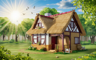 Fototapeta premium charming thatched-roof cottage with white walls and red trim, set in a sunlit meadow