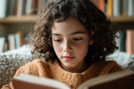 Enchanted by Words: Close-Up Portrait of a Student Lost in a Book in a Cozy Home Library Setting with Ethereal Manipulation Touches