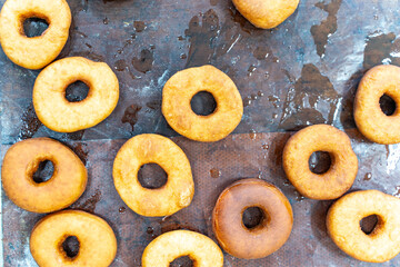 A set of donuts on the production table. Mini bakery. Small business, entrepreneurship.