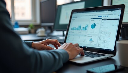 Professional Completing Data Analysis on Laptop in Modern Office.