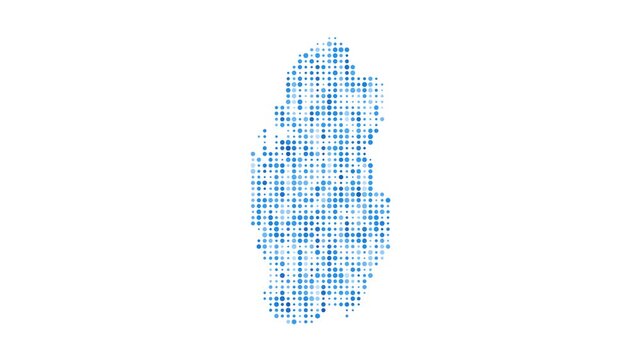 Qatar dotted digital map. Map of Qatar with pulsating colored circles. Shape of the country filled with blue disks. Authentic video.