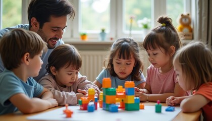 Fototapeta premium Engaging Indoor Playtime with Children and Colorful Building Blocks.