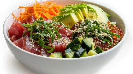 Vibrant Tuna and Avocado Poke Bowl - Editorial Food Photography in Professional Studio on White Background