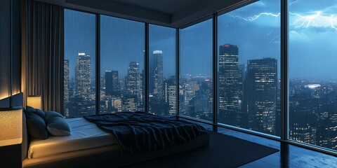 Fototapeta premium Modern bedroom with large windows offering a panoramic nighttime view of a city skyline, minimalist design, cozy ambiance, urban setting, copy space, selected focus 
