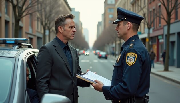 Two Men Discussing Law Enforcement on a City Street Scene.