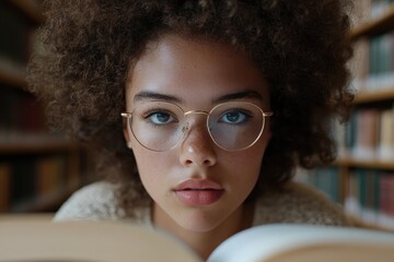 Dynamic Education Research: Close-Up of Student Analyzing Data in Library Overlay