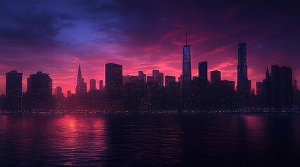 A Silhouetted City Skyline Against a Crimson and Purple Sunset Over Water
