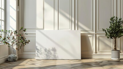 White Blank Canvas in a Minimalist Room with Plants and Wood Floor