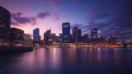 Cityscape at Twilight with Reflections in Still Water