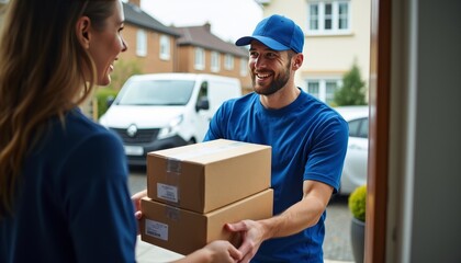 Delivery Person Handing Over Boxes to a Customer at Home Entrance.