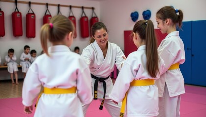 Karate Class with Instructor Teaching Young Students in Uniforms.