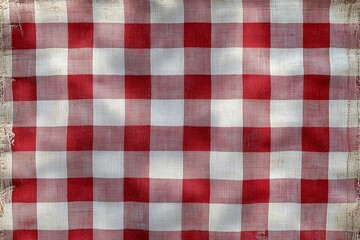 A red and white checkered tablecloth drapes over a wooden surface in a sunlit setting