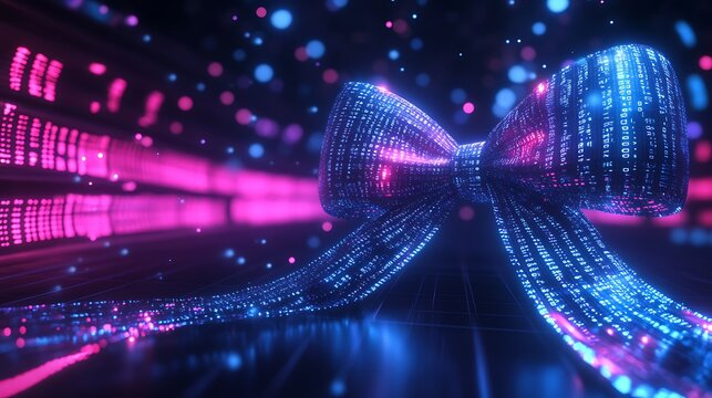 A glowing digital ribbon bow, made of bright blue and pink light, on a dark grid surface. The background is blurred and filled with pink and blue circles.
