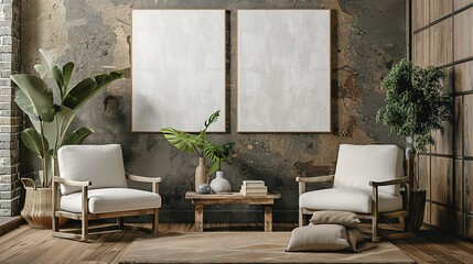 Two White Armchairs with Blank Canvases in a Rustic Setting