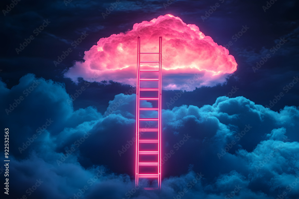 Poster a conceptual image of a neon ladder reaching up to a glowing cloud amidst a dark, stormy sky. growth