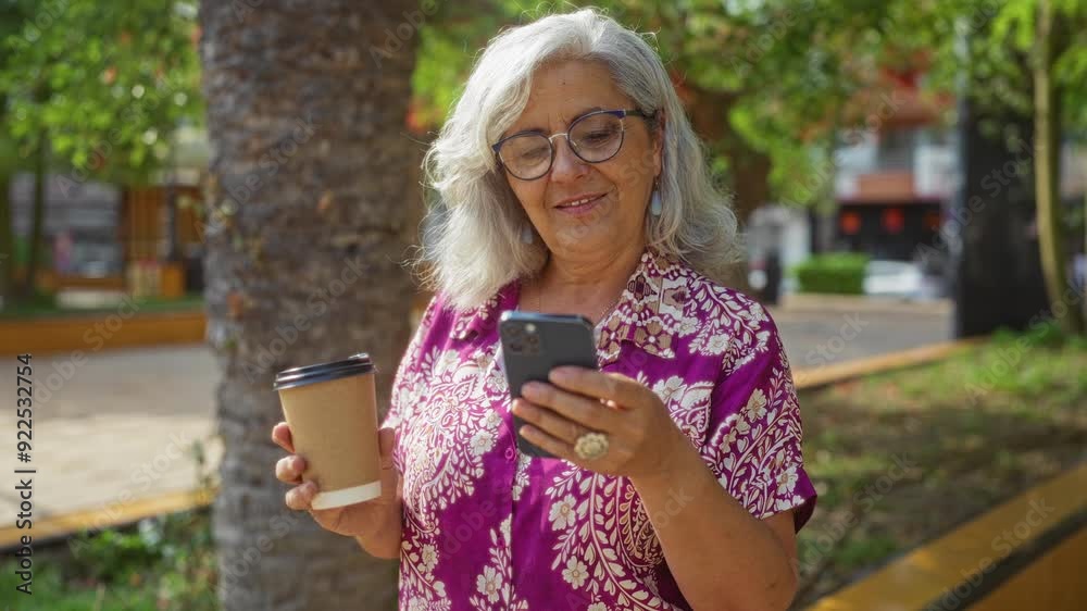 Poster beautiful mature woman with grey hair and glasses enjoying coffee while using her smartphone in an u