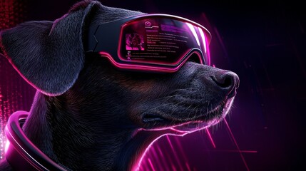 A cyberpunk-style poster of a futuristic pet adoption event, with digital pet profiles and virtual reality interactions.