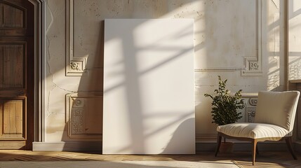 Blank Canvas in a Sunlit Room with a Vintage Chair