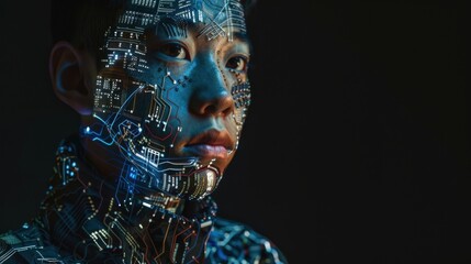 A person displays a vibrant, illuminated circuit pattern on their face while indoors, embodying a fusion of technology and art